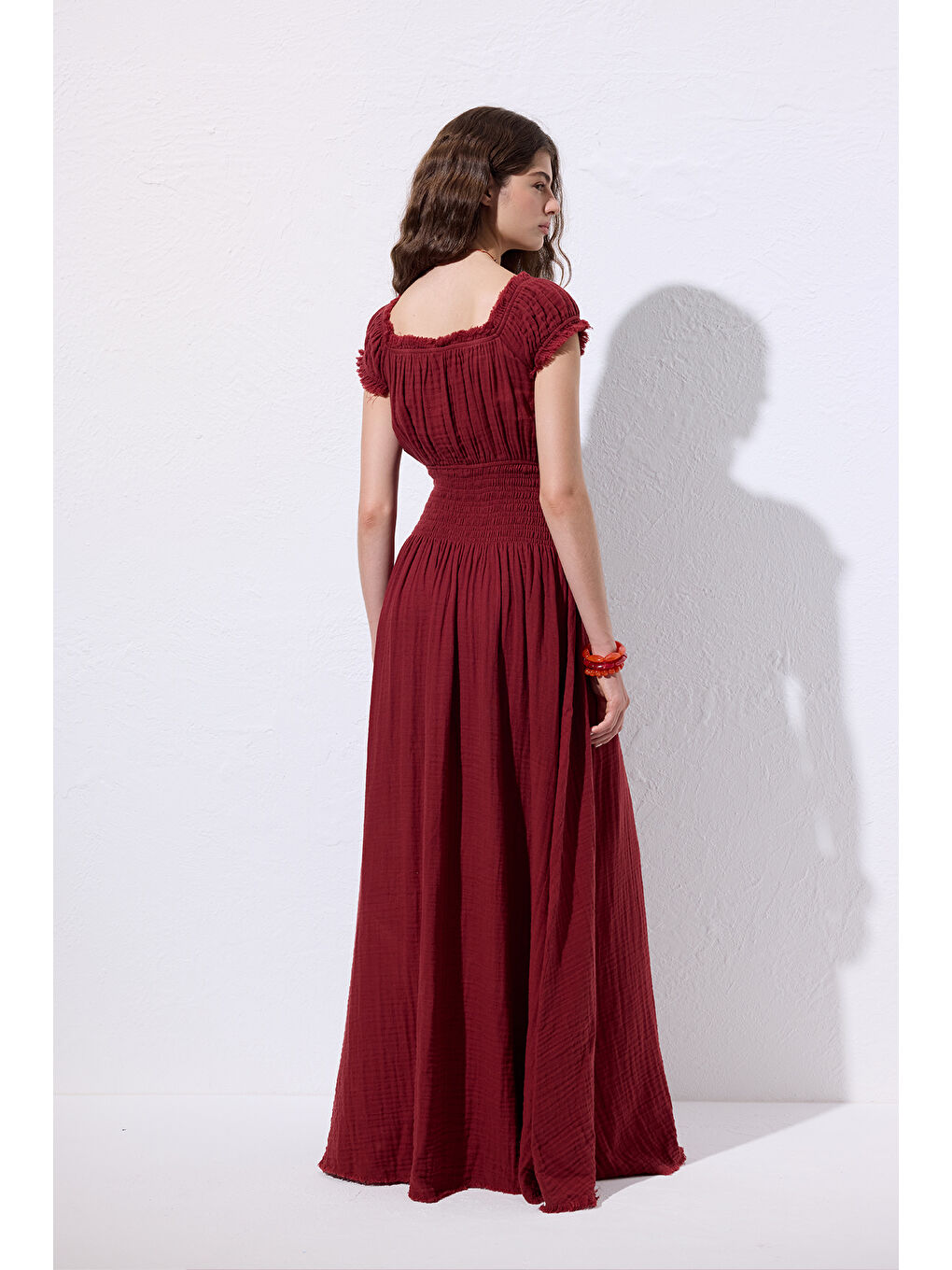 Müslin Büzgülü Elbise Kırmızı-5