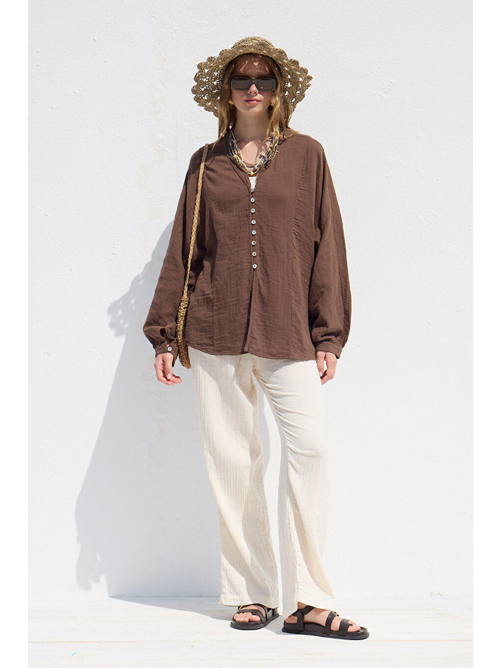 Muslin Düğmeli Gömlek Kahverengi-2