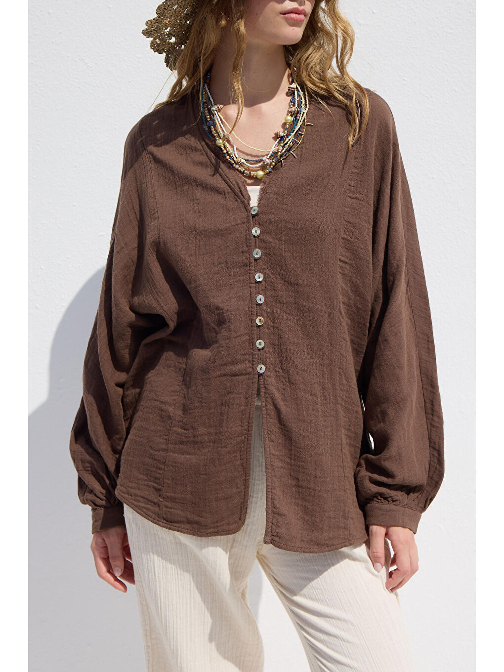 Muslin Düğmeli Gömlek Kahverengi-3