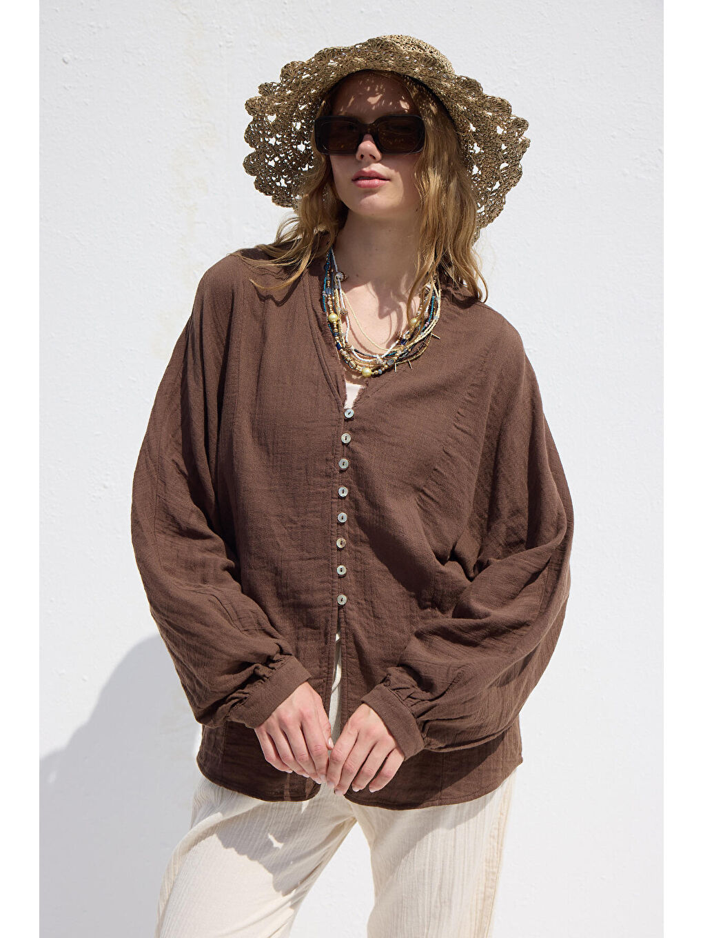 Muslin Düğmeli Gömlek Kahverengi-4