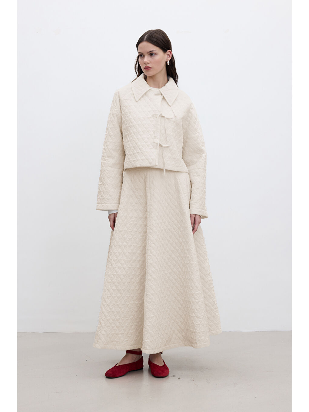 Bej Kapitone Geniş Etek Vanilya