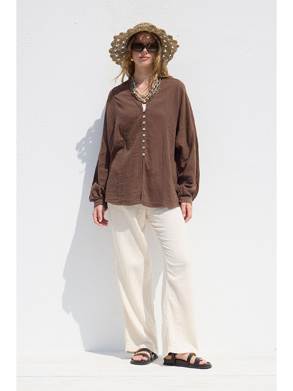 Muslin Düğmeli Gömlek Kahverengi-5