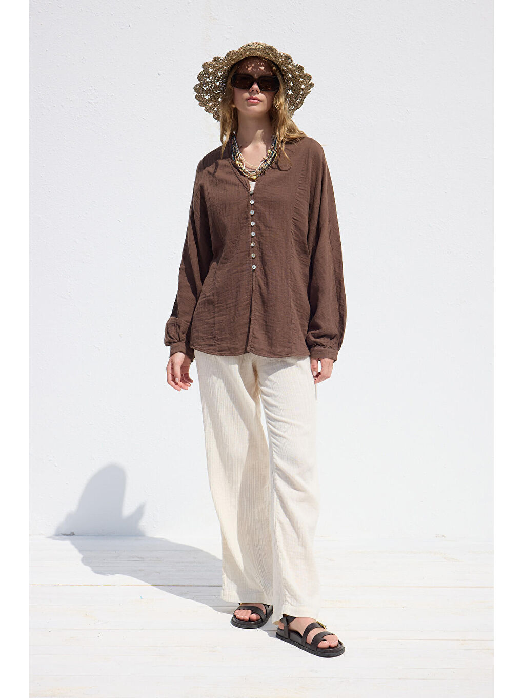 Muslin Düğmeli Gömlek Kahverengi-6