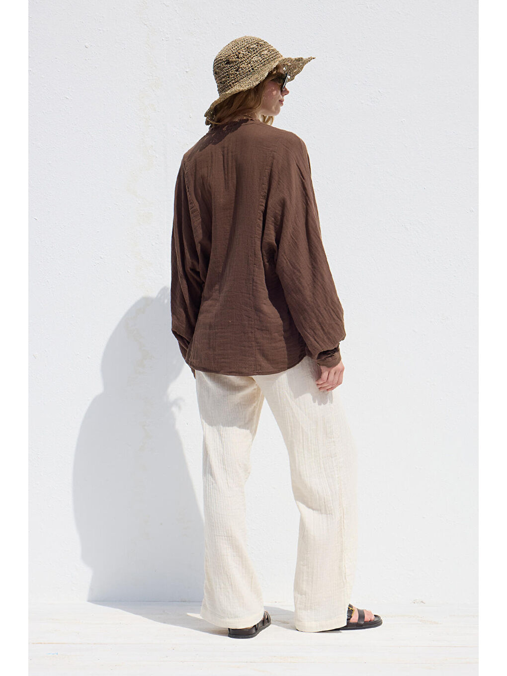 Muslin Düğmeli Gömlek Kahverengi-7