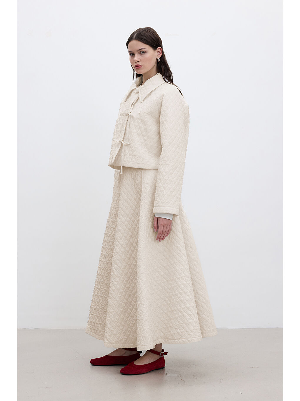 Bej Kapitone Geniş Etek Vanilya-2