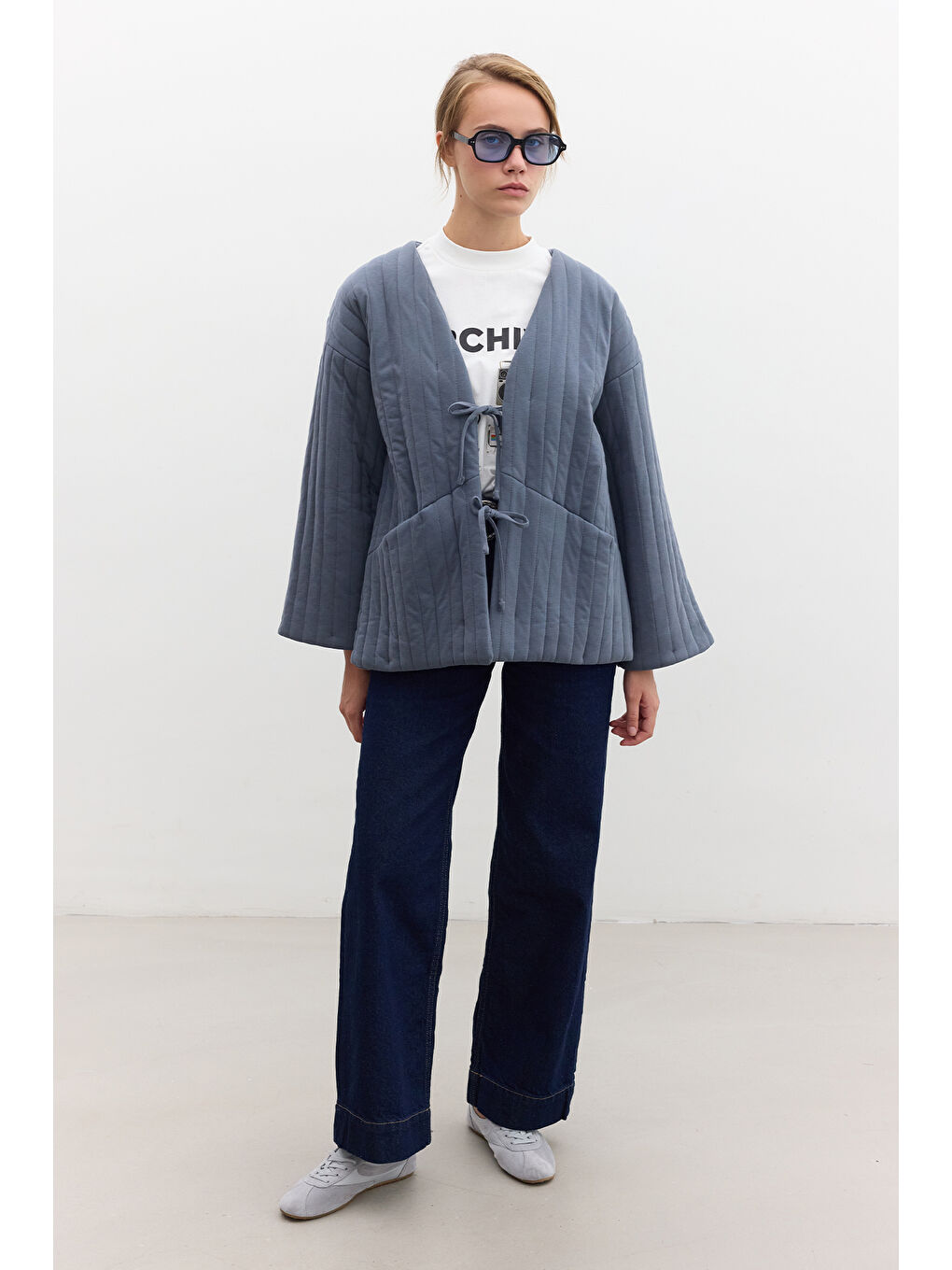 Kapitone Bağlamalı Mont İndigo-4