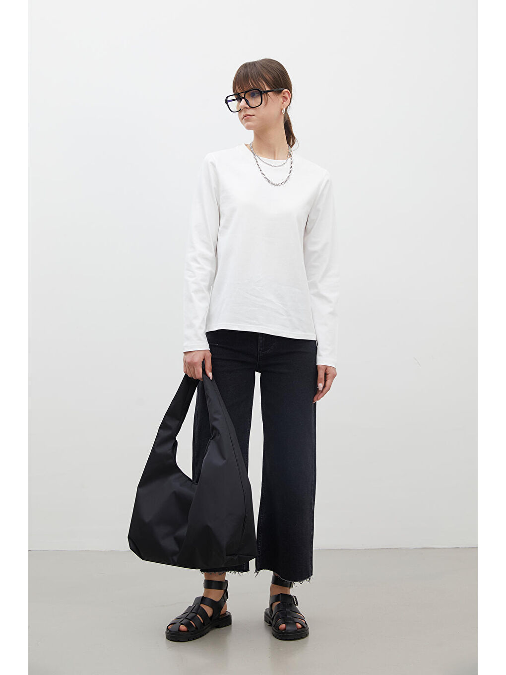 Uzun Kol Fit Pamuklu Tshırt Ekru