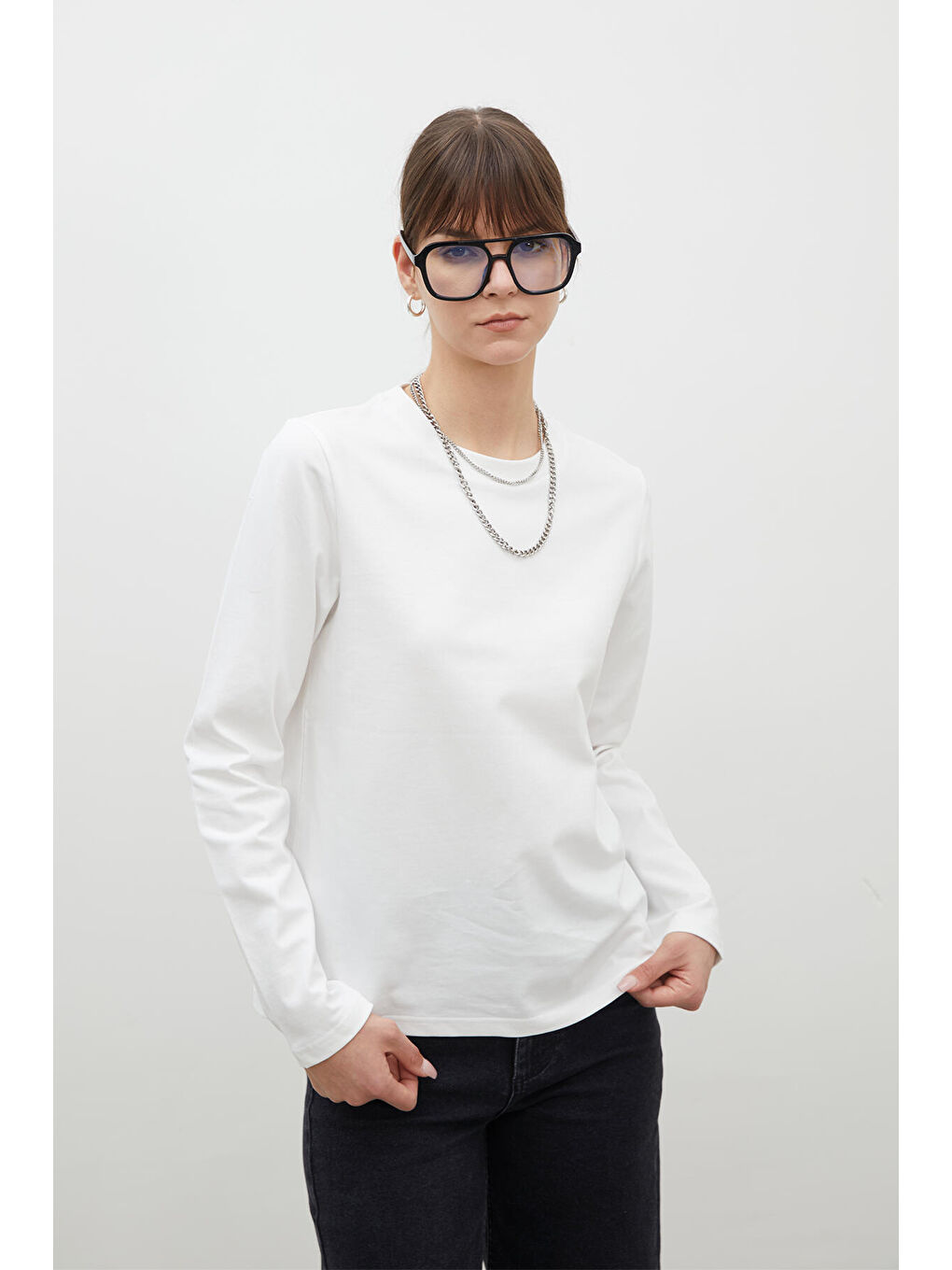 Uzun Kol Fit Pamuklu Tshırt Ekru-1