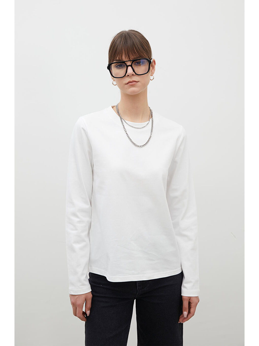 Uzun Kol Fit Pamuklu Tshırt Ekru-2