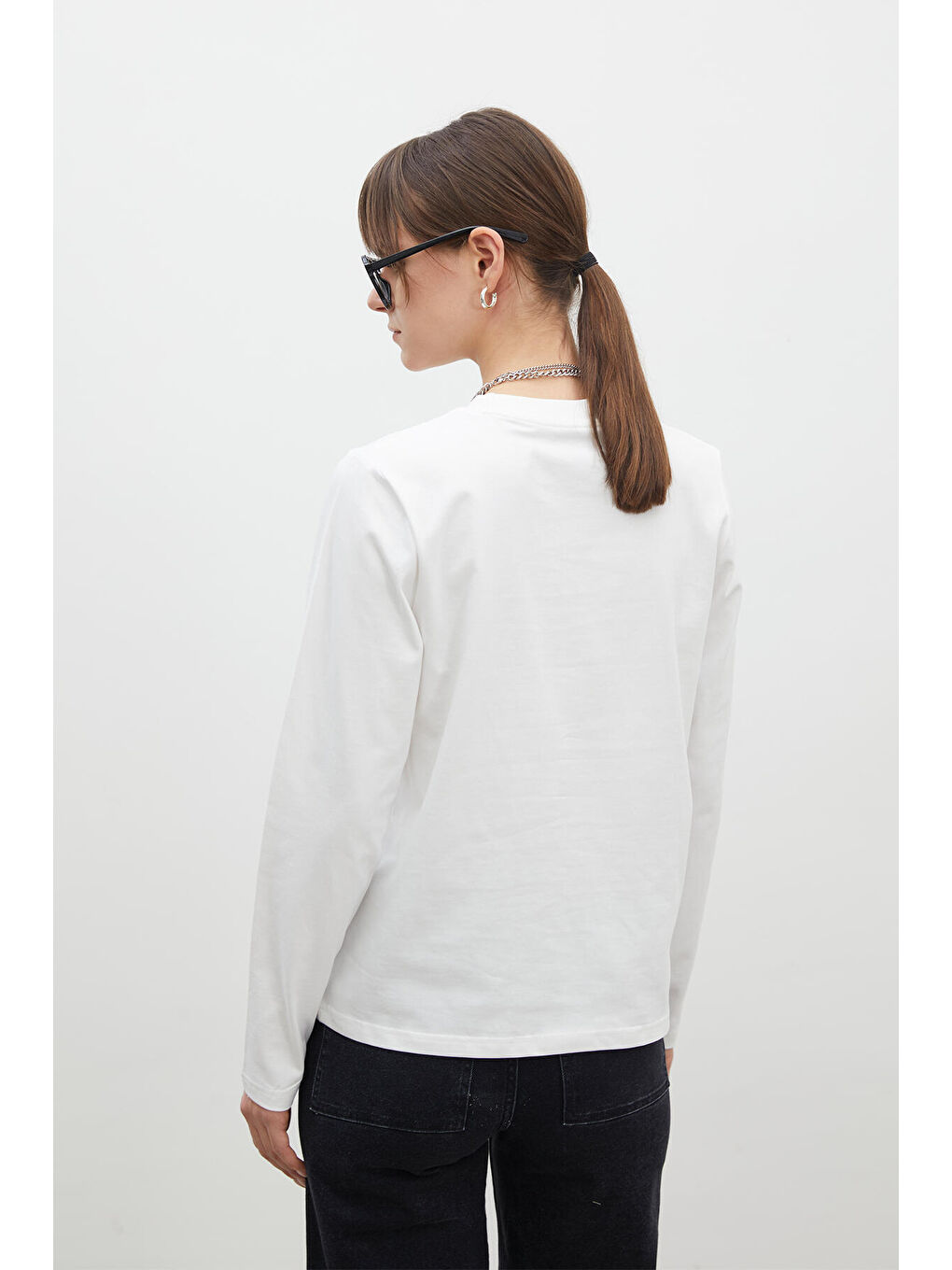 Uzun Kol Fit Pamuklu Tshırt Ekru-3