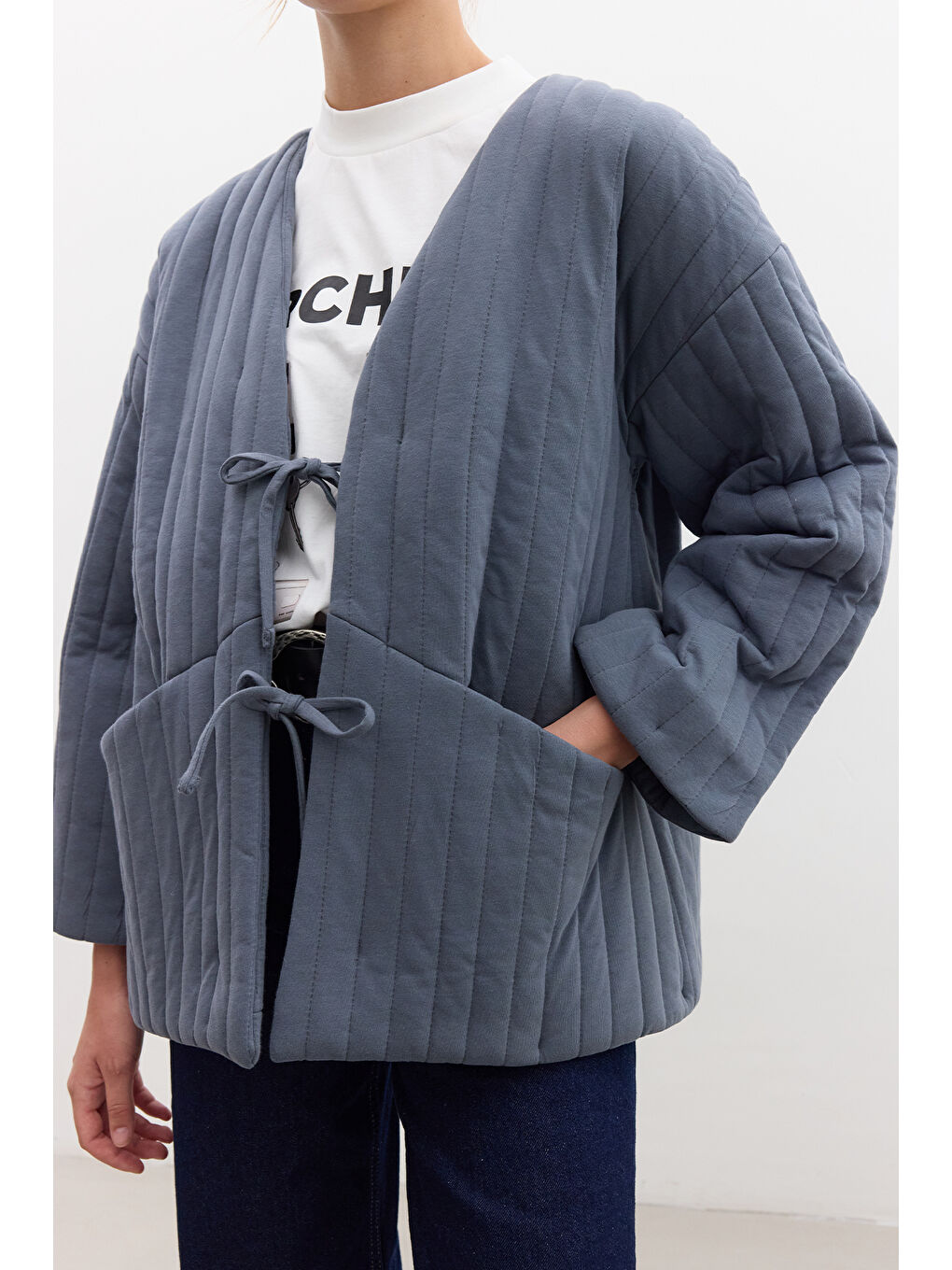 Kapitone Bağlamalı Mont İndigo-6