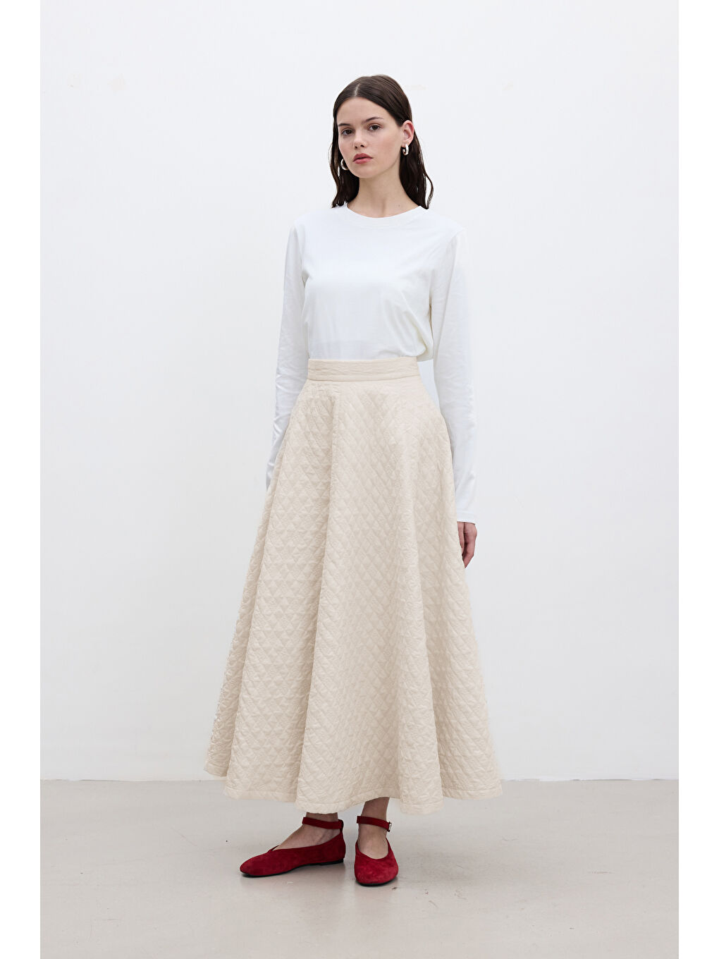 Bej Kapitone Geniş Etek Vanilya-5