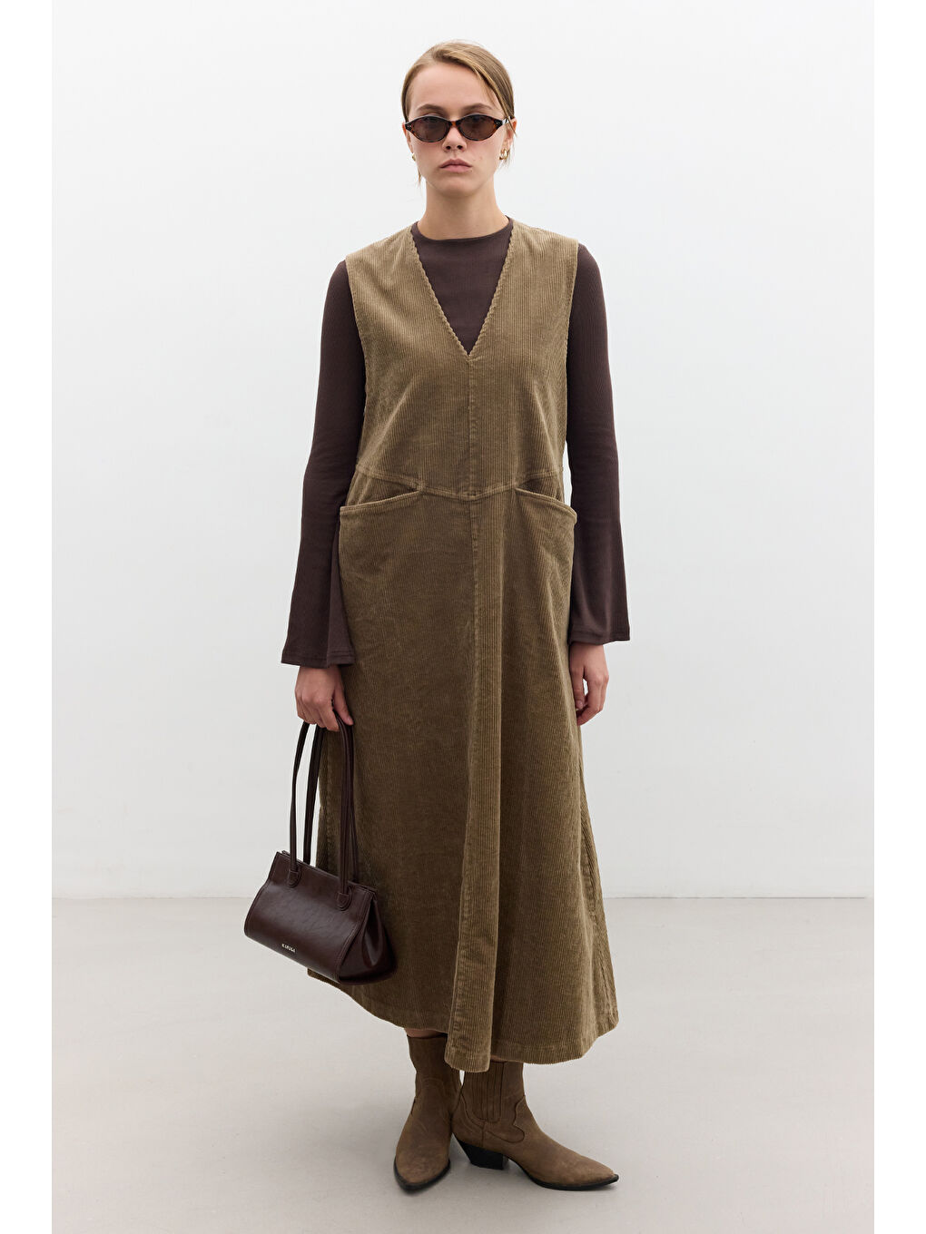 Kahverengi Fitilli Kadife Jile Elbise Camel