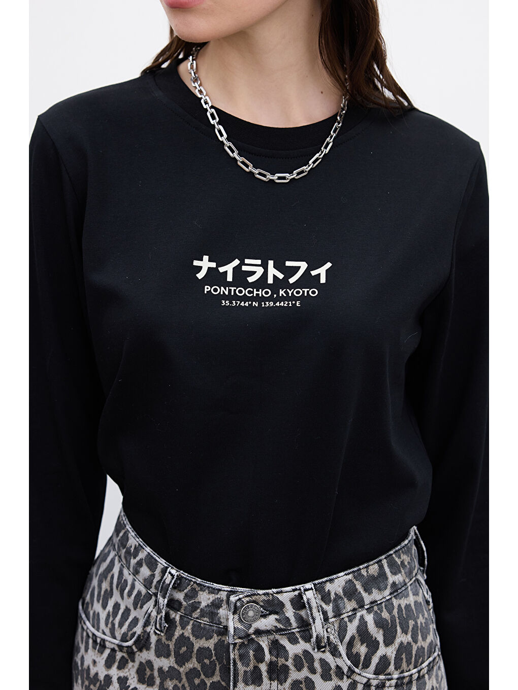 Baskılı Uzun Kol Tshırt Siyah