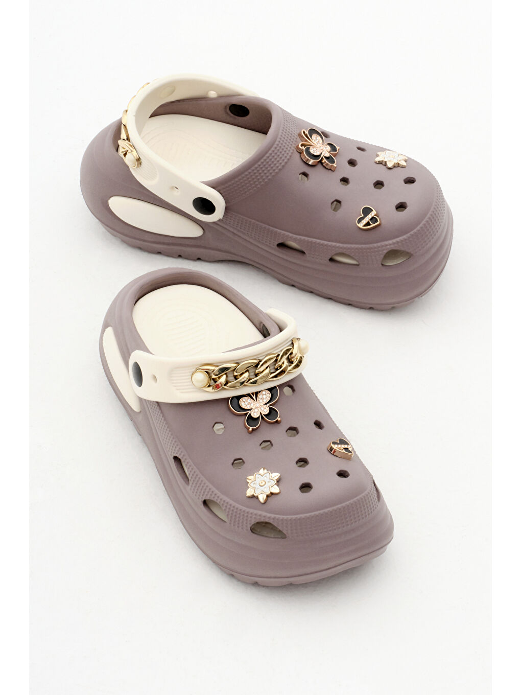 Kadın Vizon Bej Çıkartılabilir Taban Zincir Detaylı Yüksek Taban Eva Sandalet-2