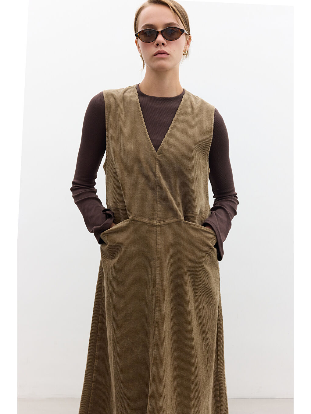 Kahverengi Fitilli Kadife Jile Elbise Camel-1