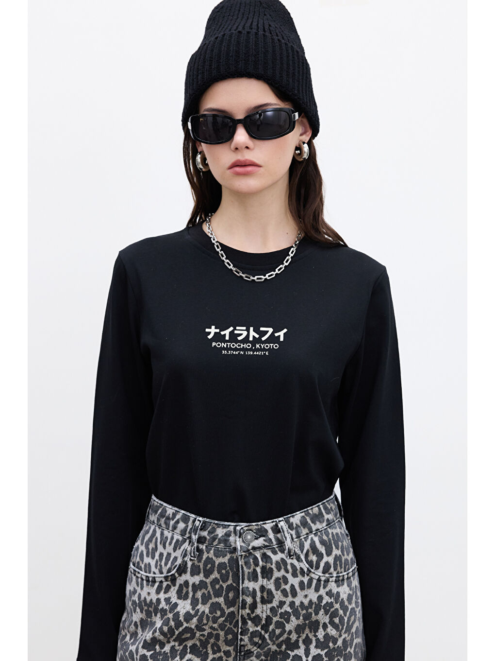 Baskılı Uzun Kol Tshırt Siyah-2