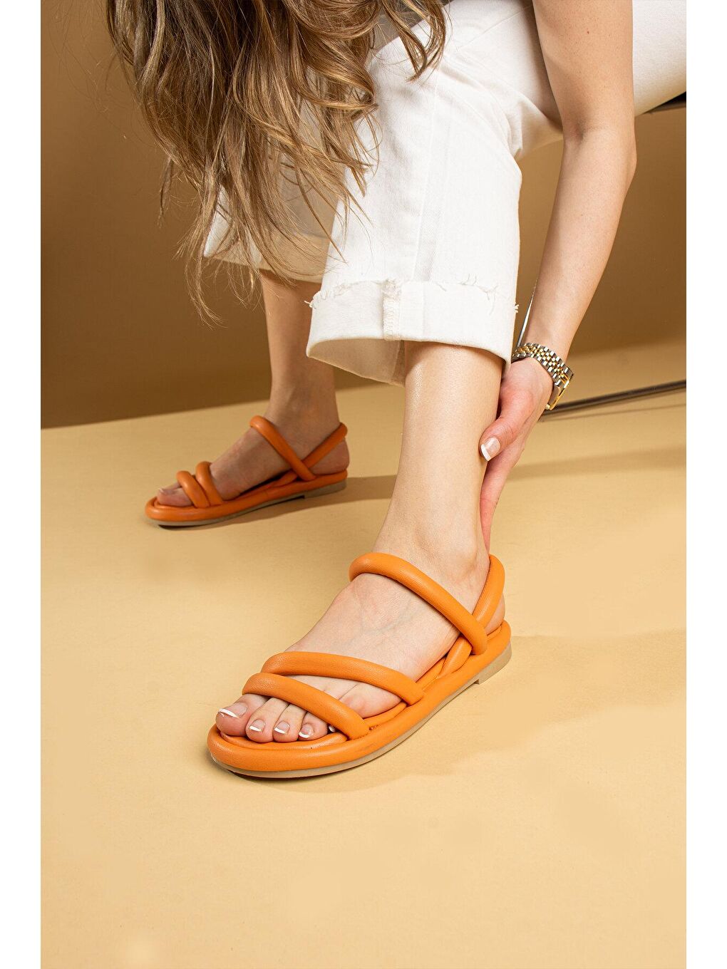 Turuncu Çift Bant Rahat Taban Kadın Sandalet 007-75-23-2