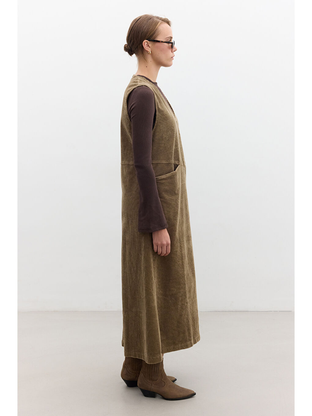 Kahverengi Fitilli Kadife Jile Elbise Camel-3