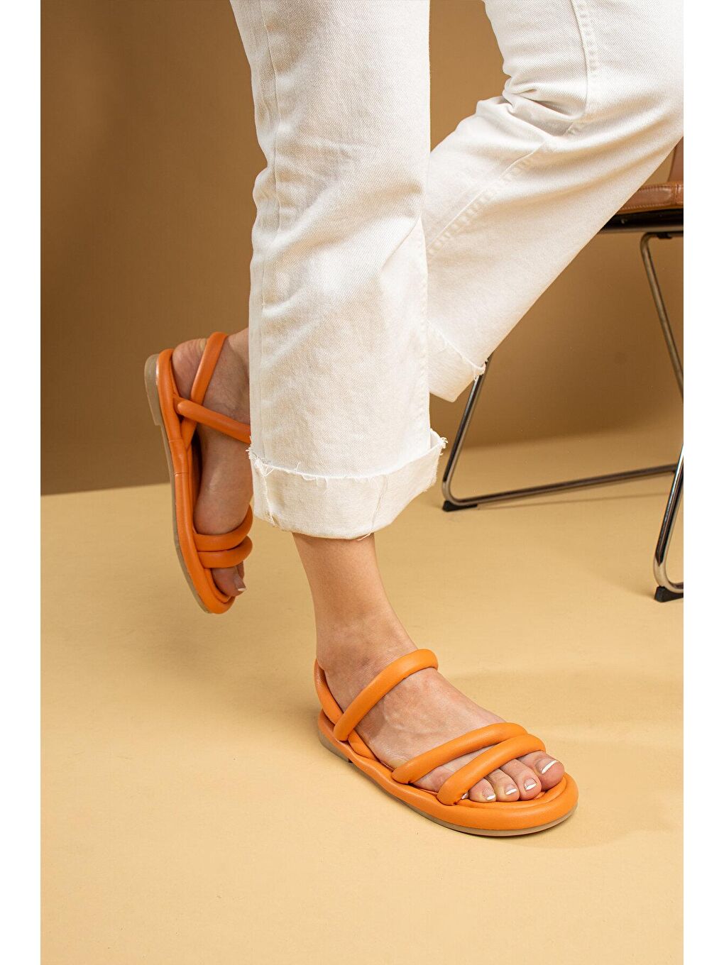 Turuncu Çift Bant Rahat Taban Kadın Sandalet 007-75-23-3