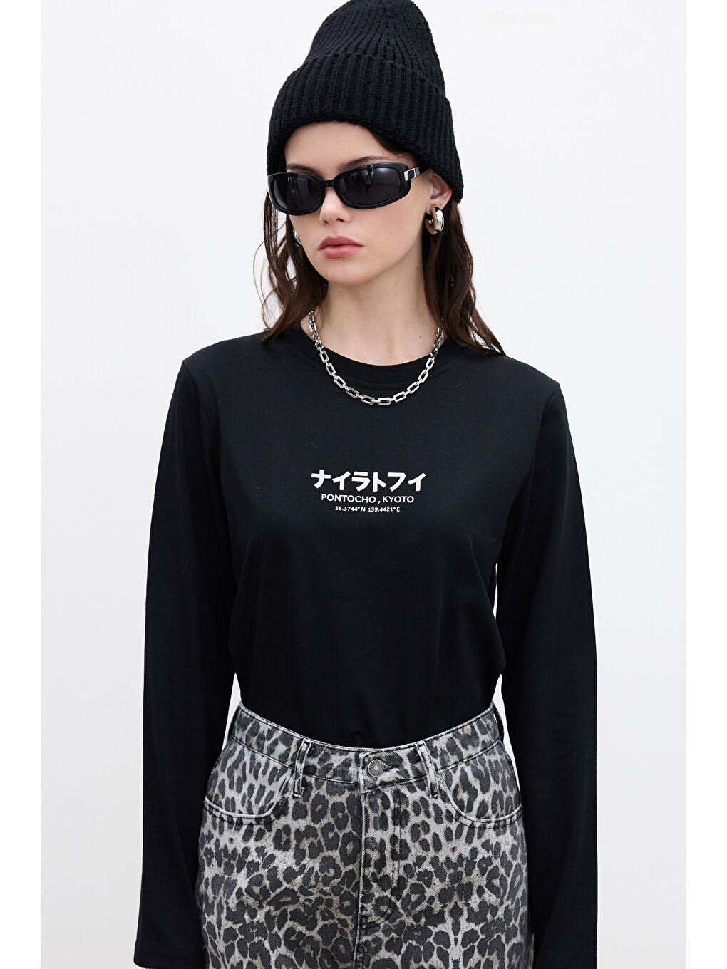 Baskılı Uzun Kol Tshırt Siyah-4