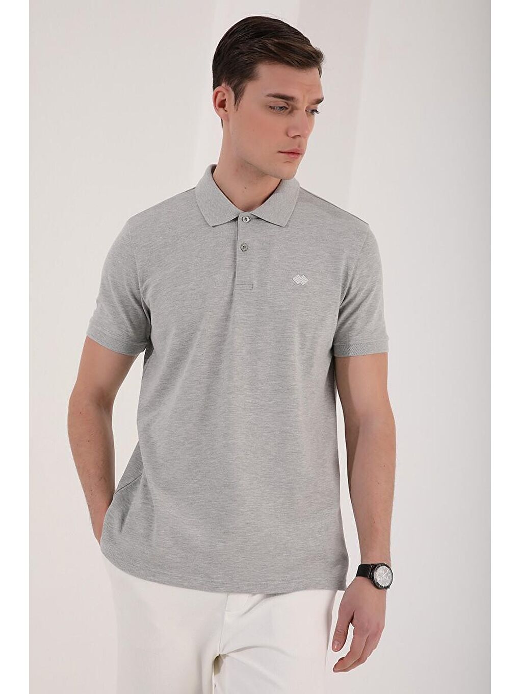 TOMMYLIFE Gri Melanj Basic Logolu Standart Kalıp Triko Polo Yaka Erkek T-Shirt - 87748 - 4