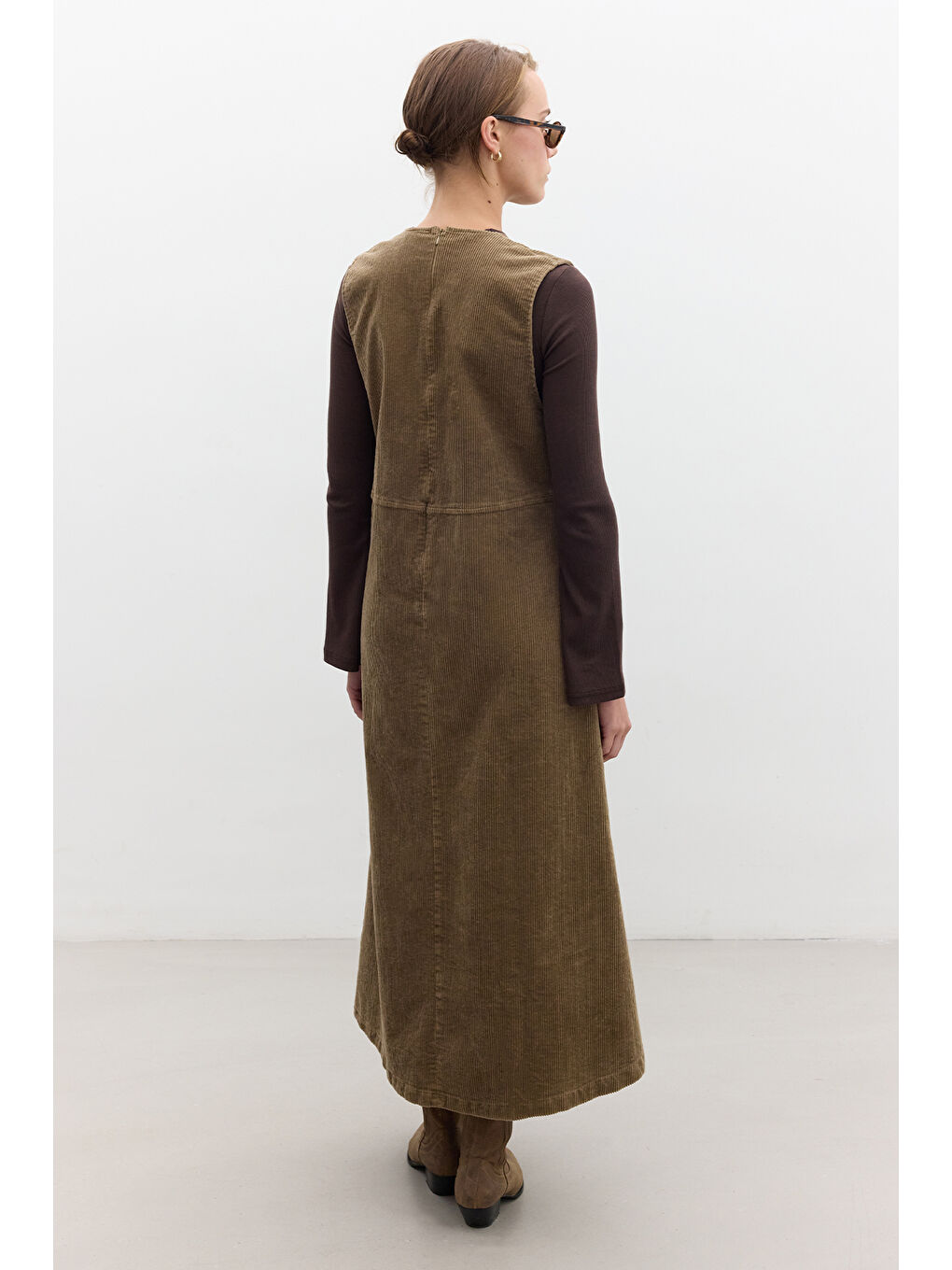 Kahverengi Fitilli Kadife Jile Elbise Camel-4