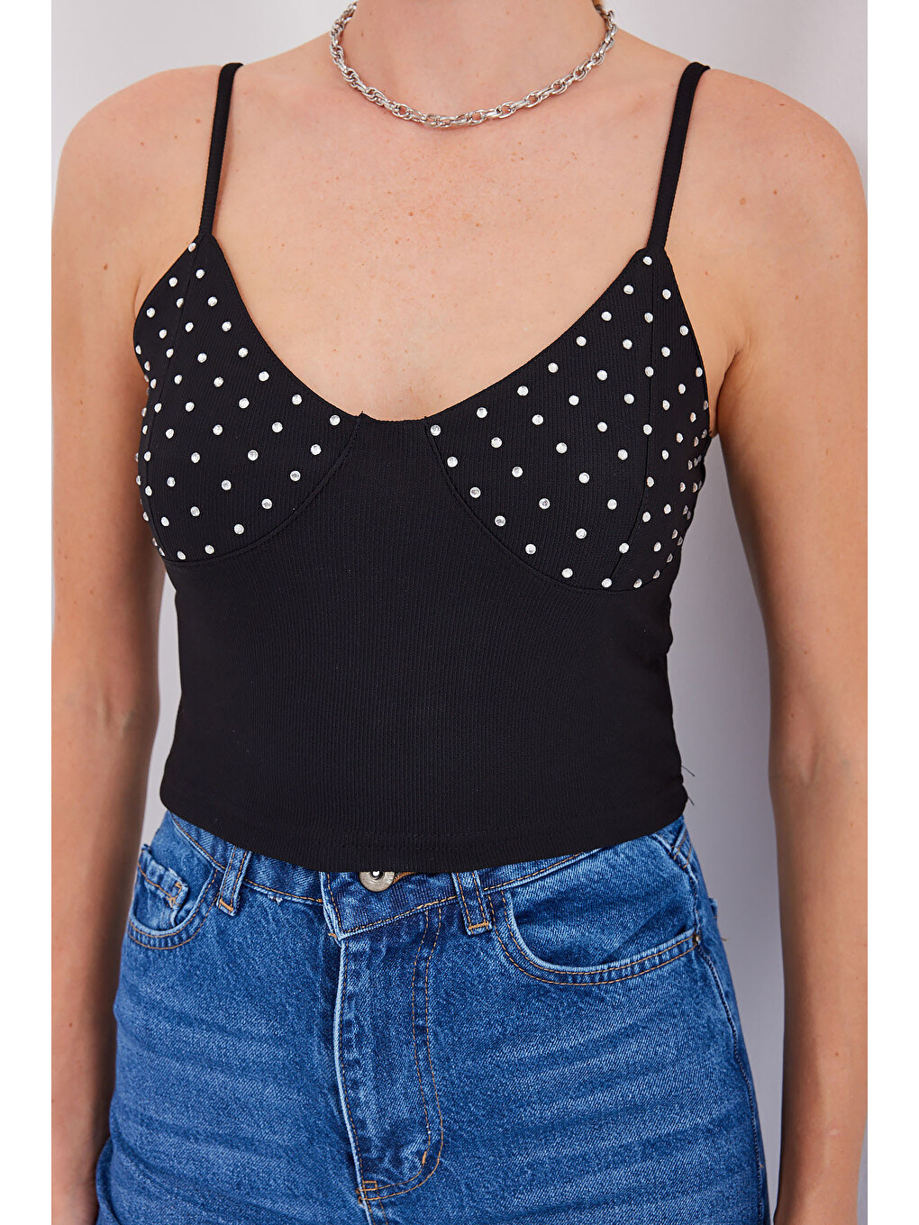 918 İp Askılı Crop Top - Siyah-3
