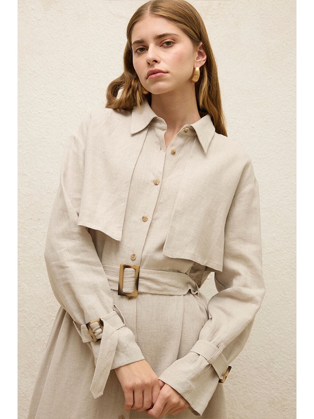 Bej Keten Trenç Tarz Elbise Taş-1