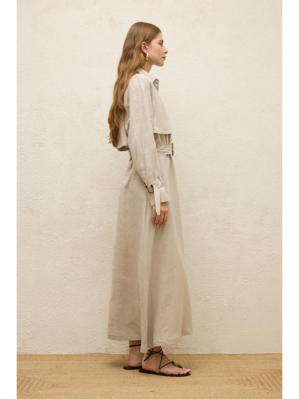 Bej Keten Trenç Tarz Elbise Taş-2