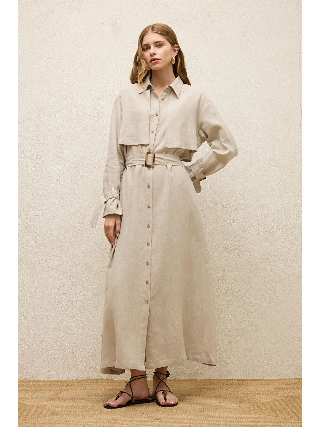 Bej Keten Trenç Tarz Elbise Taş-3