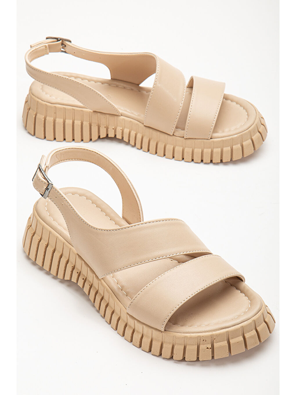 Bej Kadın Nude Kalın Poli Taban Bilekten Bağlamalı Tek Bantı Sandalet