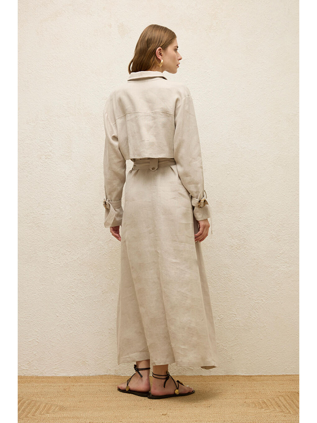 Bej Keten Trenç Tarz Elbise Taş-4