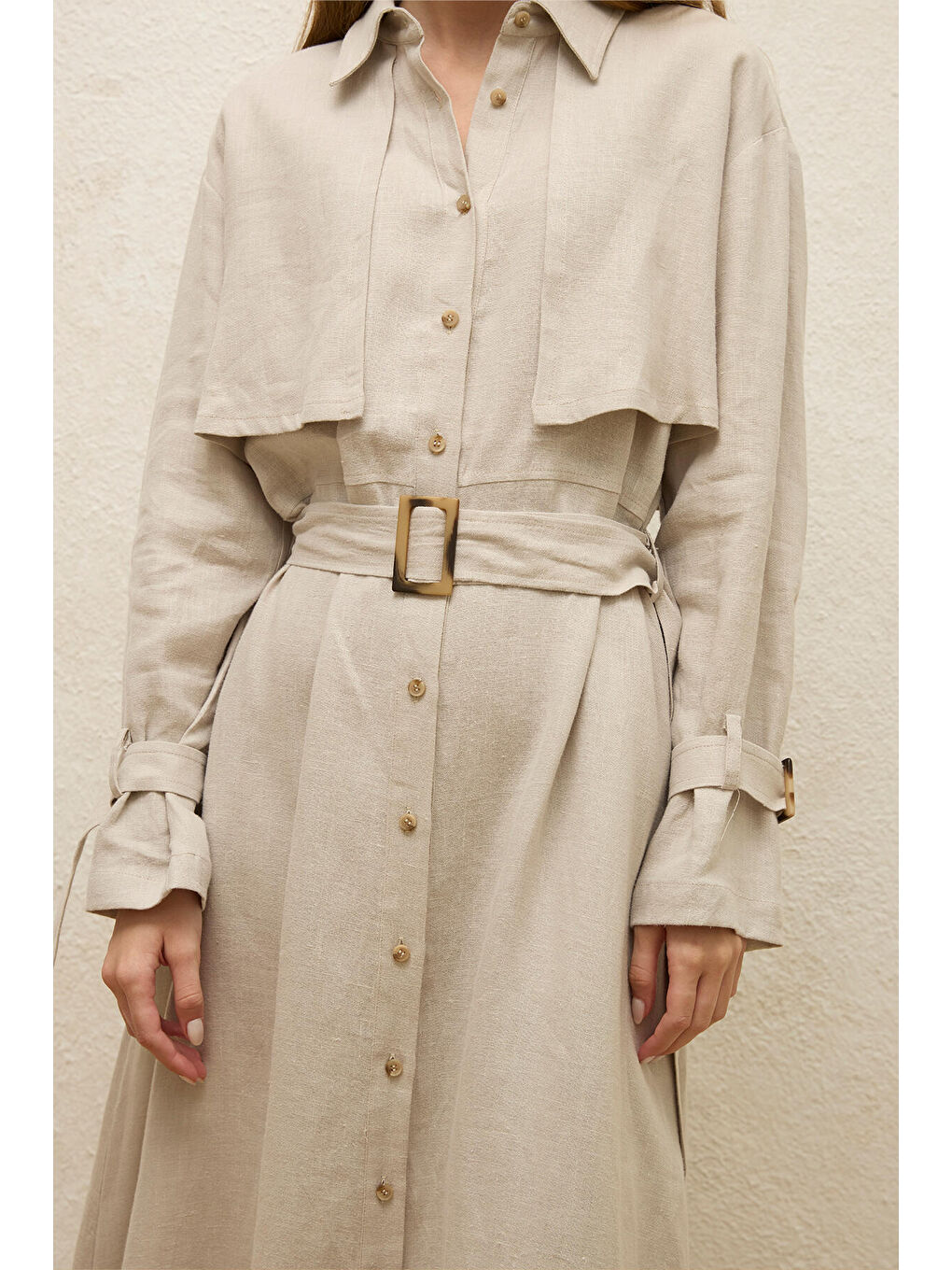 Bej Keten Trenç Tarz Elbise Taş-5