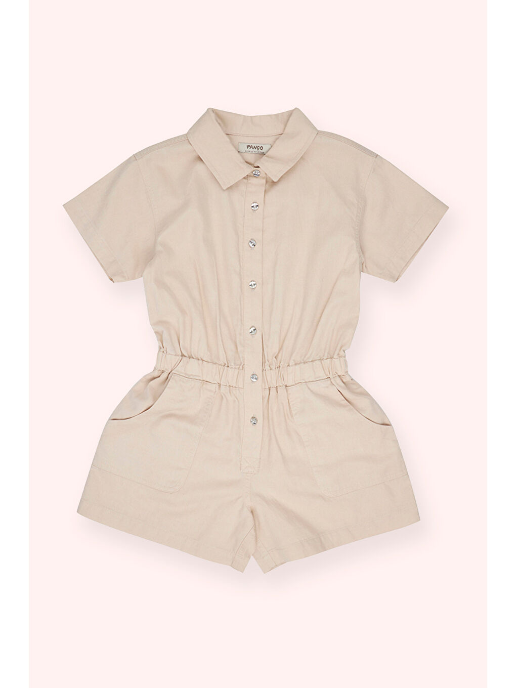 Kız Çocuk Düğmeli Gömlek Yaka Bej Salopet