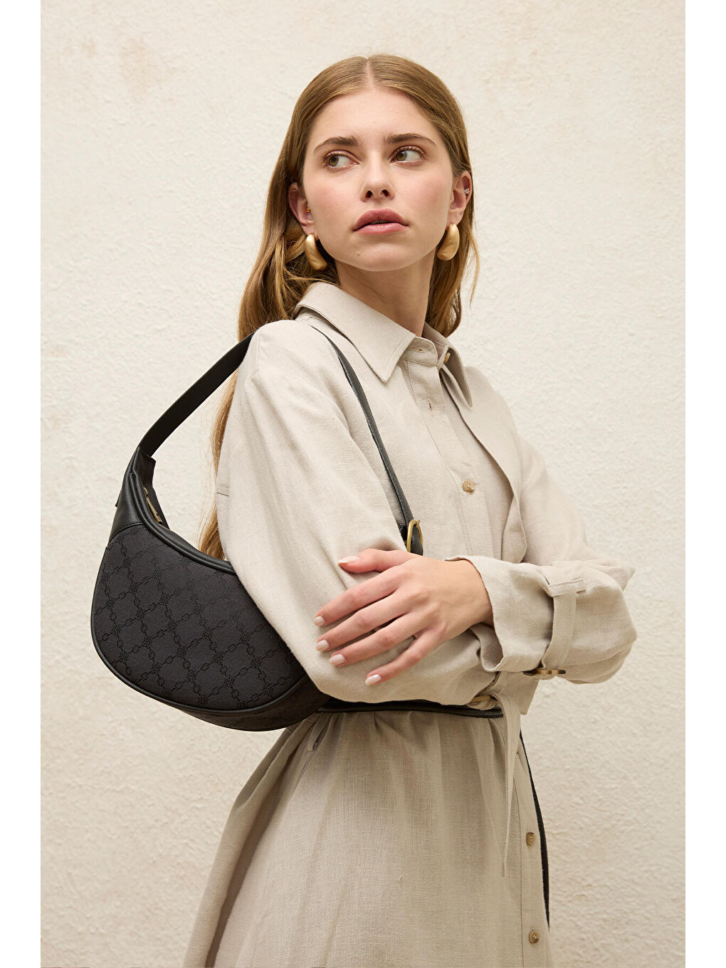 Bej Keten Trenç Tarz Elbise Taş-7