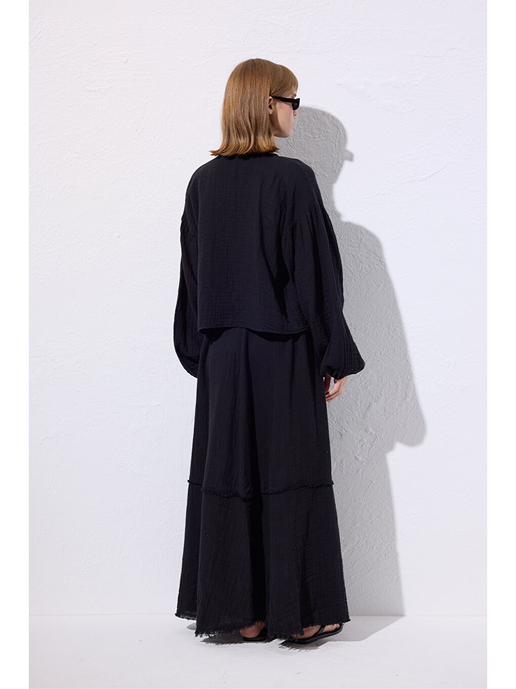 Müslin Balon Kol Kısa Bluz Siyah-5