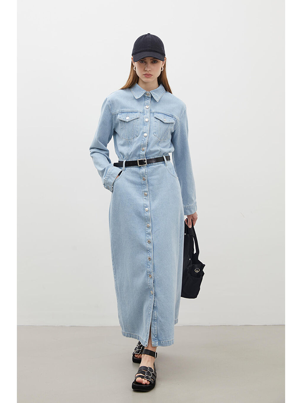 1975 Kemerli Denim Elbise Buz Mavi-2