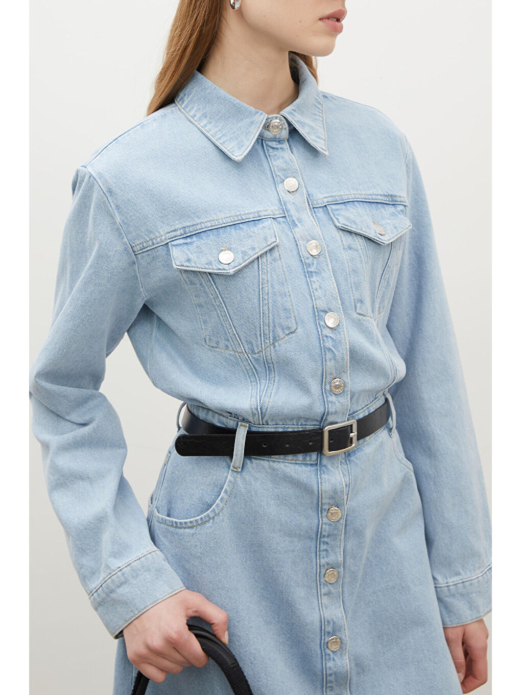 1975 Kemerli Denim Elbise Buz Mavi-3