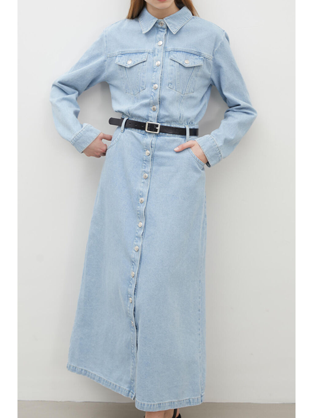 1975 Kemerli Denim Elbise Buz Mavi-4