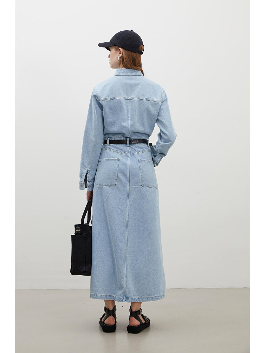 1975 Kemerli Denim Elbise Buz Mavi-6