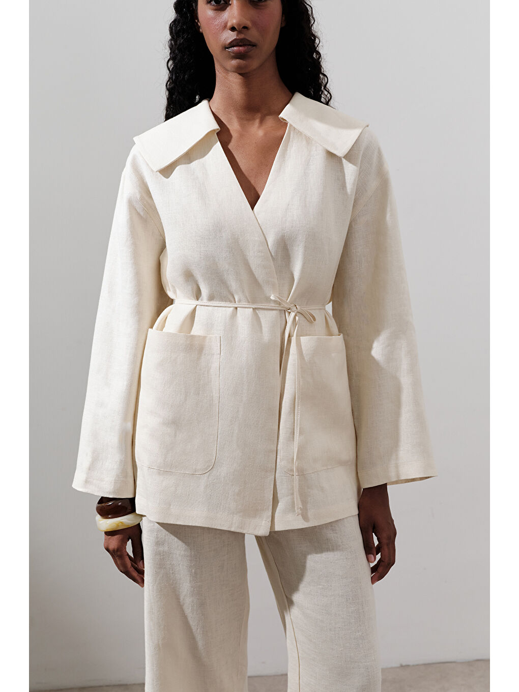 Bej Keten Geniş Yaka Ceket Vanilya-2