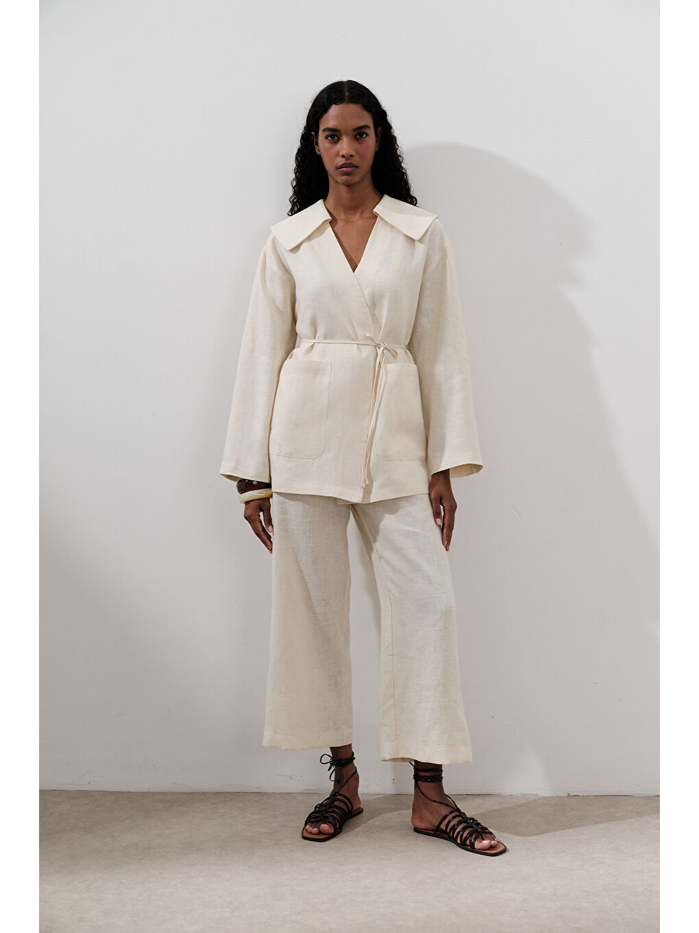 Bej Keten Geniş Yaka Ceket Vanilya-3