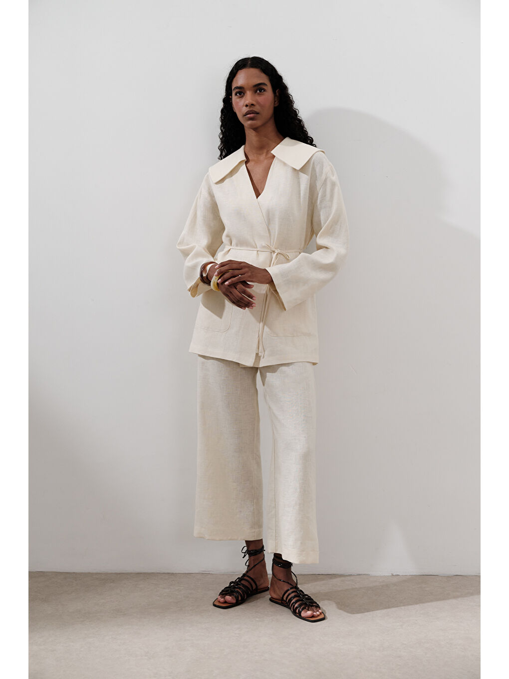 Bej Keten Geniş Yaka Ceket Vanilya-4