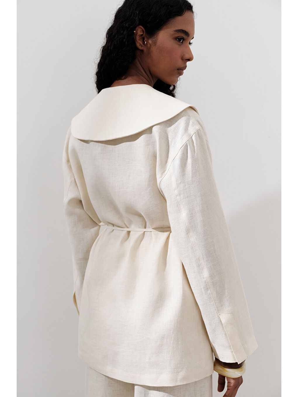 Bej Keten Geniş Yaka Ceket Vanilya-5