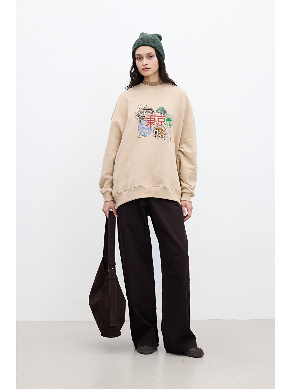 Kahverengi Baskı Detaylı Oversize Sweatshırt Camel-1