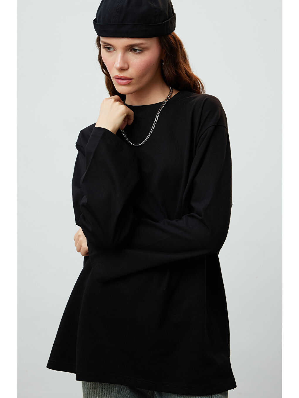 Oversize Pamuklu Sweatshirt Siyah-1