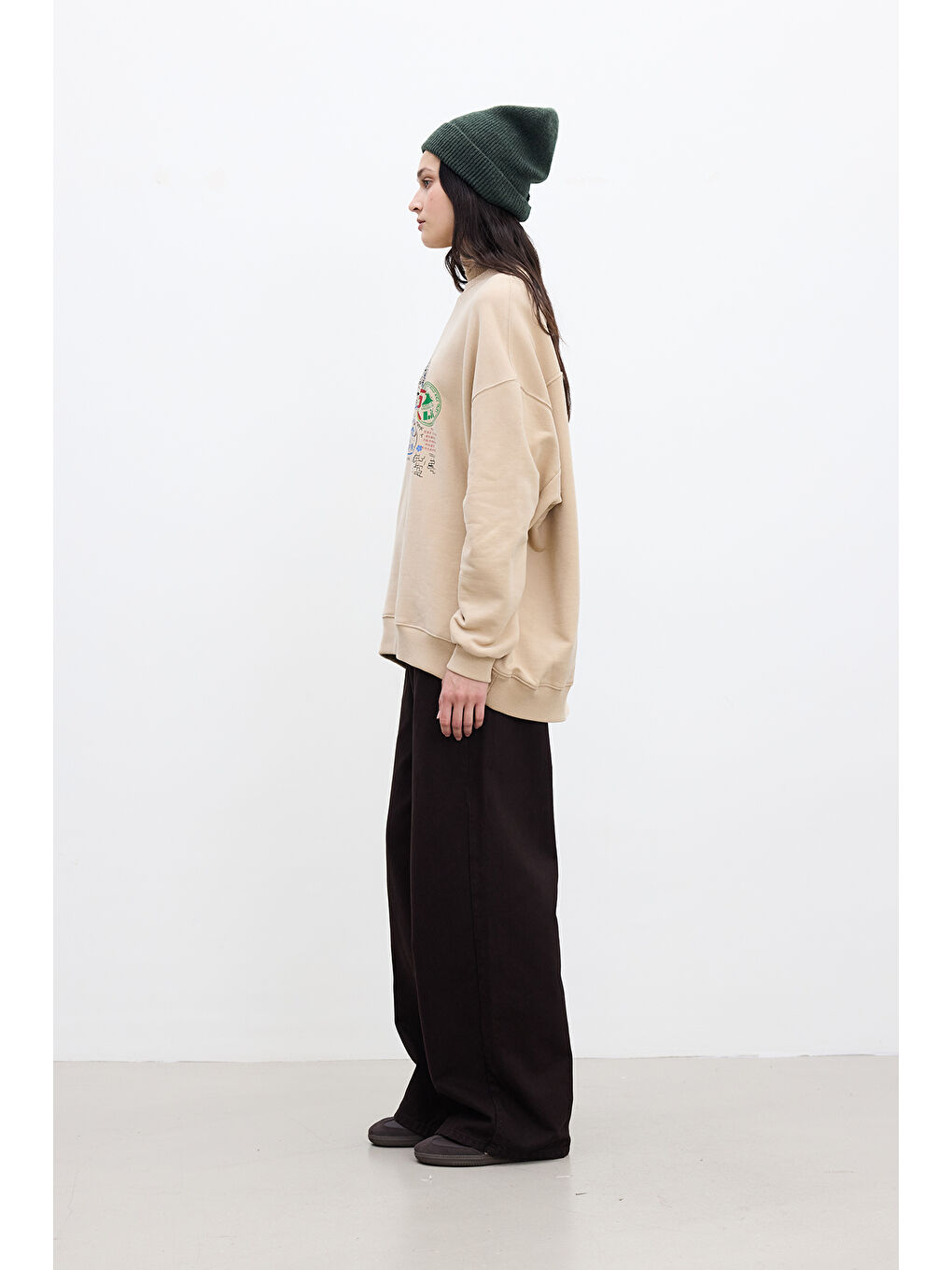 Kahverengi Baskı Detaylı Oversize Sweatshırt Camel-3