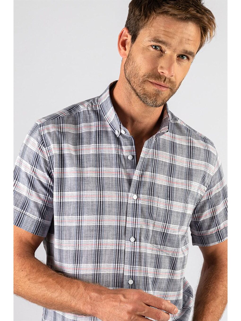 Siyah Klasik Kısa Kol Ekoseli Keten Pamuk Cepli Erkek Gömlek