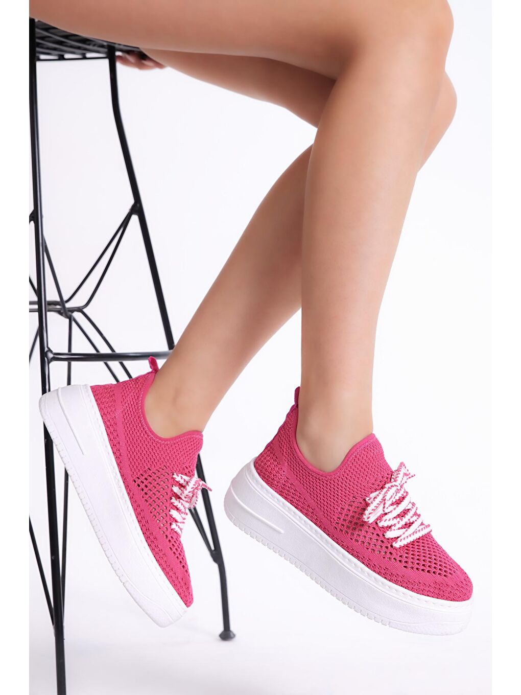 Kadın Fuşya Rahat Kalıp Yüksek Taban Bağcıklı Triko Sneaker-1